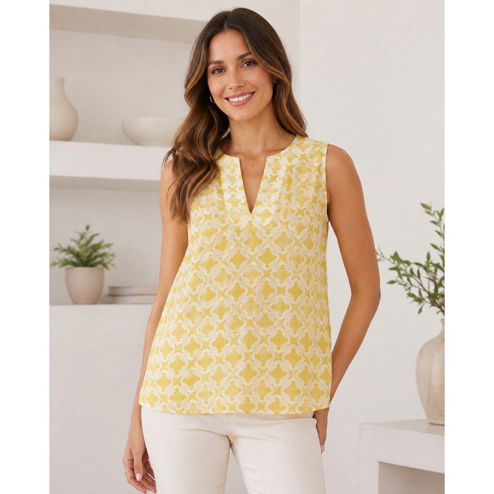 Talbots‎ Petites Yellow White Sheer Sleeveless Blouse Summer Layering Top